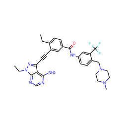 CCc1ccc(C(=O)Nc2ccc(CN3CCN(C)CC3)c(C(F)(F)F)c2)cc1C#Cc1nn(CC)c2ncnc(N)c12 ZINC000299852657