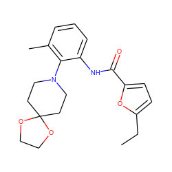 CCc1ccc(C(=O)Nc2cccc(C)c2N2CCC3(CC2)OCCO3)o1 ZINC000062241965