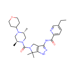 CCc1ccc(C(=O)Nc2n[nH]c3c2CN(C(=O)N2C[C@@H](C)N(C4CCOCC4)C[C@@H]2C)C3(C)C)nc1 ZINC000114184013