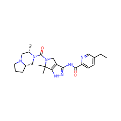 CCc1ccc(C(=O)Nc2n[nH]c3c2CN(C(=O)N2C[C@@H]4CCCN4C[C@@H]2C)C3(C)C)nc1 ZINC000114183222