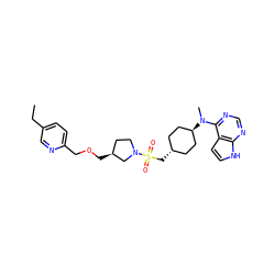 CCc1ccc(COC[C@H]2CCN(S(=O)(=O)C[C@H]3CC[C@H](N(C)c4ncnc5[nH]ccc45)CC3)C2)nc1 ZINC000261071571