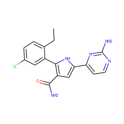 CCc1ccc(Cl)cc1-c1[nH]c(-c2ccnc(N)n2)cc1C(N)=O ZINC000142846937