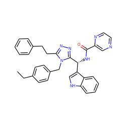 CCc1ccc(Cn2c(CCc3ccccc3)nnc2[C@H](NC(=O)c2cnccn2)c2c[nH]c3ccccc23)cc1 ZINC000028973239