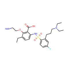 CCc1ccc(NS(=O)(=O)c2ccc(F)cc2CCCN(CC)CC)c(C(=O)O)c1OCCN ZINC000014965111