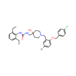 CCc1cccc(CC)c1NC(=O)NCC1(O)CCN(Cc2cc(Br)ccc2OCc2ccc(Cl)cc2)CC1 ZINC000028822142