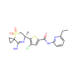 CCc1cccc(NC(=O)c2cc(Cl)c([C@]3(C)CS(=O)(=O)C4(CC4)C(N)=N3)s2)n1 ZINC000217748680