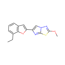 CCc1cccc2cc(-c3cn4nc(OC)sc4n3)oc12 ZINC000653676030