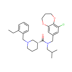 CCc1ccccc1CN1CCC[C@@H](C(=O)N(Cc2cc(Cl)c3c(c2)OCCCO3)CC(C)C)C1 ZINC000114100703