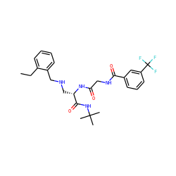 CCc1ccccc1CNC[C@H](NC(=O)CNC(=O)c1cccc(C(F)(F)F)c1)C(=O)NC(C)(C)C ZINC000028952390