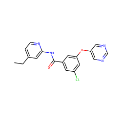 CCc1ccnc(NC(=O)c2cc(Cl)cc(Oc3cncnc3)c2)c1 ZINC000096938958