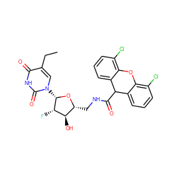 CCc1cn([C@@H]2O[C@H](CNC(=O)C3c4cccc(Cl)c4Oc4c(Cl)cccc43)[C@@H](O)[C@@H]2F)c(=O)[nH]c1=O ZINC000029398797