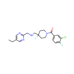 CCc1cnc(CNCC2(F)CCN(C(=O)c3ccc(F)c(Cl)c3)CC2)nc1 ZINC000028711637