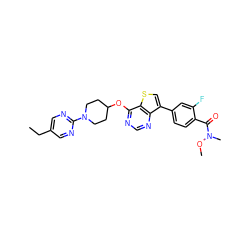 CCc1cnc(N2CCC(Oc3ncnc4c(-c5ccc(C(=O)N(C)OC)c(F)c5)csc34)CC2)nc1 ZINC001772638296