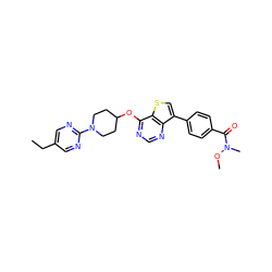 CCc1cnc(N2CCC(Oc3ncnc4c(-c5ccc(C(=O)N(C)OC)cc5)csc34)CC2)nc1 ZINC001772657334