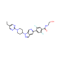 CCc1cnc(N2CCC(n3ncc4cc(-c5cc(F)c(C(=O)NCCO)cc5F)ncc43)CC2)nc1 ZINC000653882172