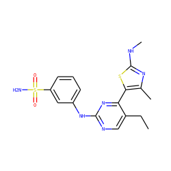 CCc1cnc(Nc2cccc(S(N)(=O)=O)c2)nc1-c1sc(NC)nc1C ZINC000095604147