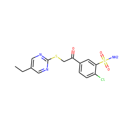 CCc1cnc(SCC(=O)c2ccc(Cl)c(S(N)(=O)=O)c2)nc1 ZINC000084632709