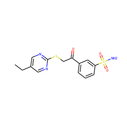 CCc1cnc(SCC(=O)c2cccc(S(N)(=O)=O)c2)nc1 ZINC000096940243