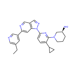 CCc1cncc(-c2cc3c(cn2)cnn3-c2ccc(C3CC3)c(N3CCC[C@H](N)C3)n2)c1 ZINC000216476062