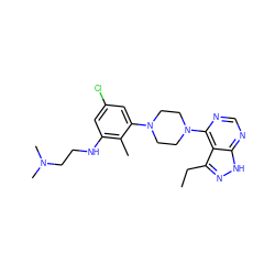 CCc1n[nH]c2ncnc(N3CCN(c4cc(Cl)cc(NCCN(C)C)c4C)CC3)c12 ZINC000084603660