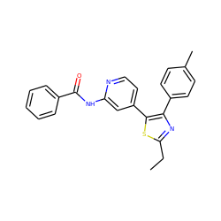 CCc1nc(-c2ccc(C)cc2)c(-c2ccnc(NC(=O)c3ccccc3)c2)s1 ZINC000013673409