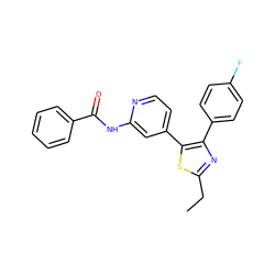 CCc1nc(-c2ccc(F)cc2)c(-c2ccnc(NC(=O)c3ccccc3)c2)s1 ZINC000013673403