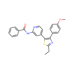 CCc1nc(-c2ccc(OC)cc2)c(-c2ccnc(NC(=O)c3ccccc3)c2)s1 ZINC000013673412