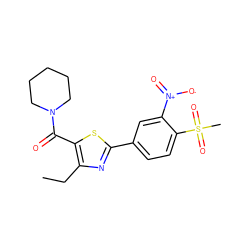 CCc1nc(-c2ccc(S(C)(=O)=O)c([N+](=O)[O-])c2)sc1C(=O)N1CCCCC1 ZINC000084690549