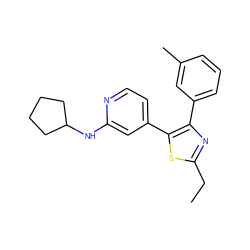 CCc1nc(-c2cccc(C)c2)c(-c2ccnc(NC3CCCC3)c2)s1 ZINC000013673395