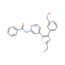 CCc1nc(-c2cccc(CO)c2)c(-c2ccnc(NC(=O)c3ccccc3)c2)s1 ZINC000169326194