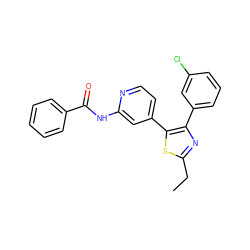 CCc1nc(-c2cccc(Cl)c2)c(-c2ccnc(NC(=O)c3ccccc3)c2)s1 ZINC000013673399