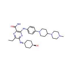 CCc1nc(C(N)=O)c(Nc2ccc(N3CCC(N4CCN(C)CC4)CC3)cc2)nc1N[C@H]1CC[C@H](O)CC1 ZINC000261183786