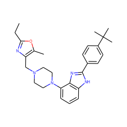 CCc1nc(CN2CCN(c3cccc4[nH]c(-c5ccc(C(C)(C)C)cc5)nc34)CC2)c(C)o1 ZINC000040424294