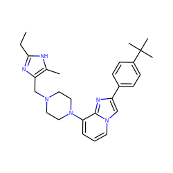 CCc1nc(CN2CCN(c3cccn4cc(-c5ccc(C(C)(C)C)cc5)nc34)CC2)c(C)[nH]1 ZINC000034602353