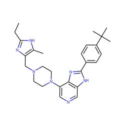 CCc1nc(CN2CCN(c3cncc4[nH]c(-c5ccc(C(C)(C)C)cc5)nc34)CC2)c(C)[nH]1 ZINC000035862406