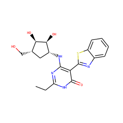 CCc1nc(N[C@@H]2C[C@H](CO)[C@@H](O)[C@H]2O)c(-c2nc3ccccc3s2)c(=O)[nH]1 ZINC000473135147