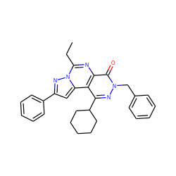 CCc1nc2c(=O)n(Cc3ccccc3)nc(C3CCCCC3)c2c2cc(-c3ccccc3)nn12 ZINC000299819855