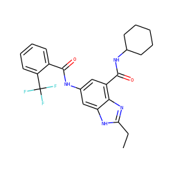 CCc1nc2c(C(=O)NC3CCCCC3)cc(NC(=O)c3ccccc3C(F)(F)F)cc2[nH]1 ZINC000207729802