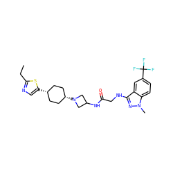 CCc1ncc([C@H]2CC[C@@H](N3CC(NC(=O)CNc4nn(C)c5ccc(C(F)(F)F)cc45)C3)CC2)s1 ZINC000253806778