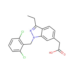 CCc1nn(Cc2c(Cl)cccc2Cl)c2cc(CC(=O)O)ccc12 ZINC000203424035