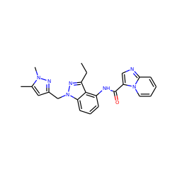 CCc1nn(Cc2cc(C)n(C)n2)c2cccc(NC(=O)c3cnc4ccccn34)c12 ZINC000117887494