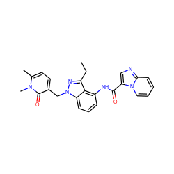 CCc1nn(Cc2ccc(C)n(C)c2=O)c2cccc(NC(=O)c3cnc4ccccn34)c12 ZINC000117891872