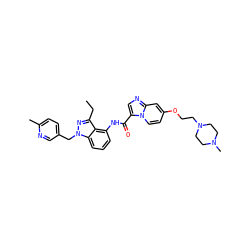 CCc1nn(Cc2ccc(C)nc2)c2cccc(NC(=O)c3cnc4cc(OCCN5CCN(C)CC5)ccn34)c12 ZINC000117894947