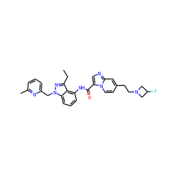 CCc1nn(Cc2cccc(C)n2)c2cccc(NC(=O)c3cnc4cc(CCN5CC(F)C5)ccn34)c12 ZINC000117885797