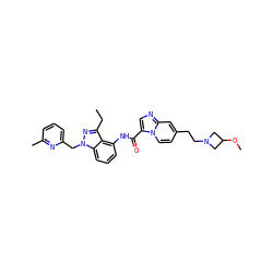 CCc1nn(Cc2cccc(C)n2)c2cccc(NC(=O)c3cnc4cc(CCN5CC(OC)C5)ccn34)c12 ZINC000117880336