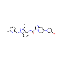 CCc1nn(Cc2cccc(C)n2)c2cccc(NC(=O)c3cnc4cc(N5CC[C@@H](O)C5)ccn34)c12 ZINC000117887010