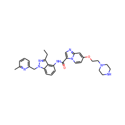 CCc1nn(Cc2cccc(C)n2)c2cccc(NC(=O)c3cnc4cc(OCCN5CCNCC5)ccn34)c12 ZINC000117887809