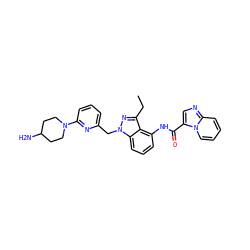 CCc1nn(Cc2cccc(N3CCC(N)CC3)n2)c2cccc(NC(=O)c3cnc4ccccn34)c12 ZINC000117885016