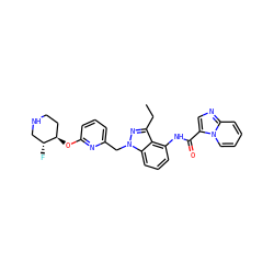 CCc1nn(Cc2cccc(O[C@@H]3CCNC[C@H]3F)n2)c2cccc(NC(=O)c3cnc4ccccn34)c12 ZINC000117881533