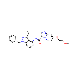 CCc1nn(Cc2ccccc2)c2cccc(NC(=O)c3cnc4cc(OCCOC)ccn34)c12 ZINC000117882945